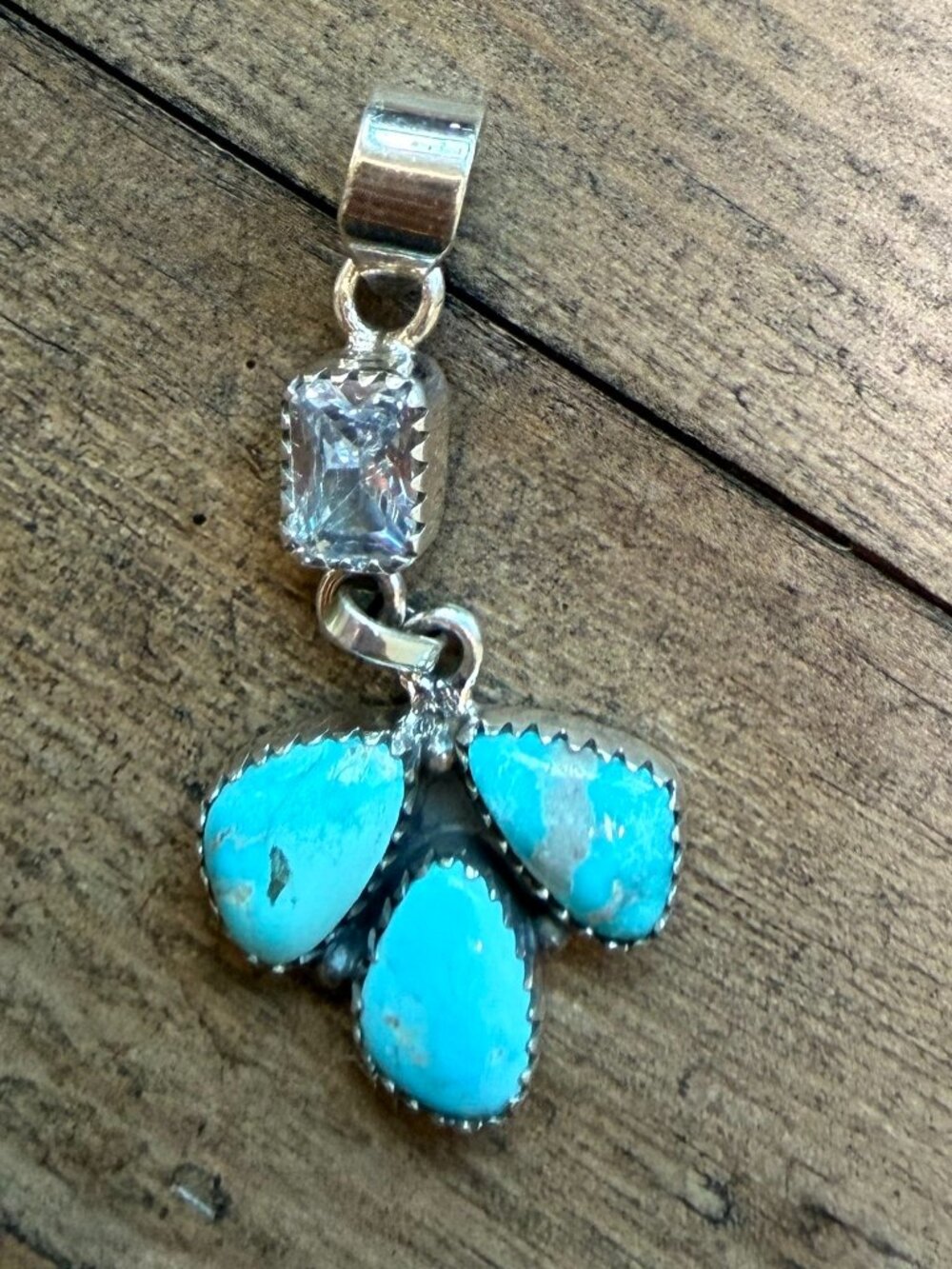 Handmade Genuine Turquoise and CZ Crystal Pendant